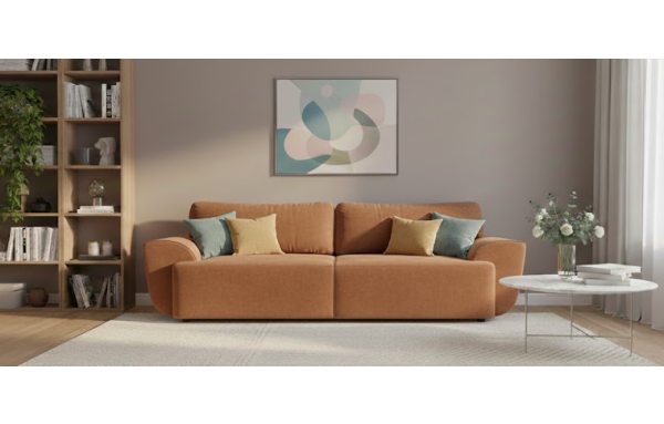 Sofa Cosy karmelowa na sprężynach z funkcją spania i pojemnikiem